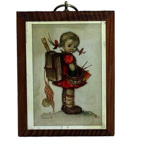 Vtg Hummel Girl with Basket Paper on Wood Wall Art Plaque Print 4.5"x3.5" German